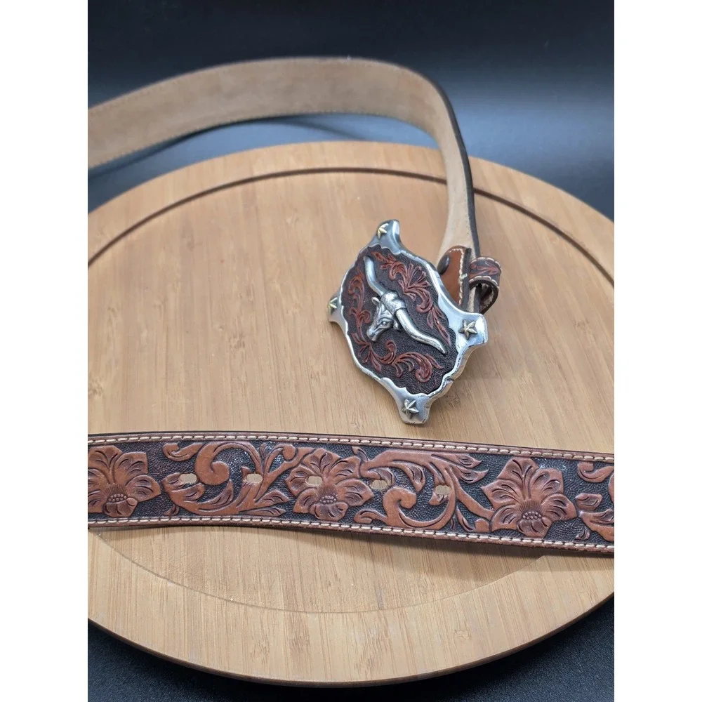 Justin Men's Classic Longhorn‎ Tan Tooled Leather Western Belt C11194 Size 38